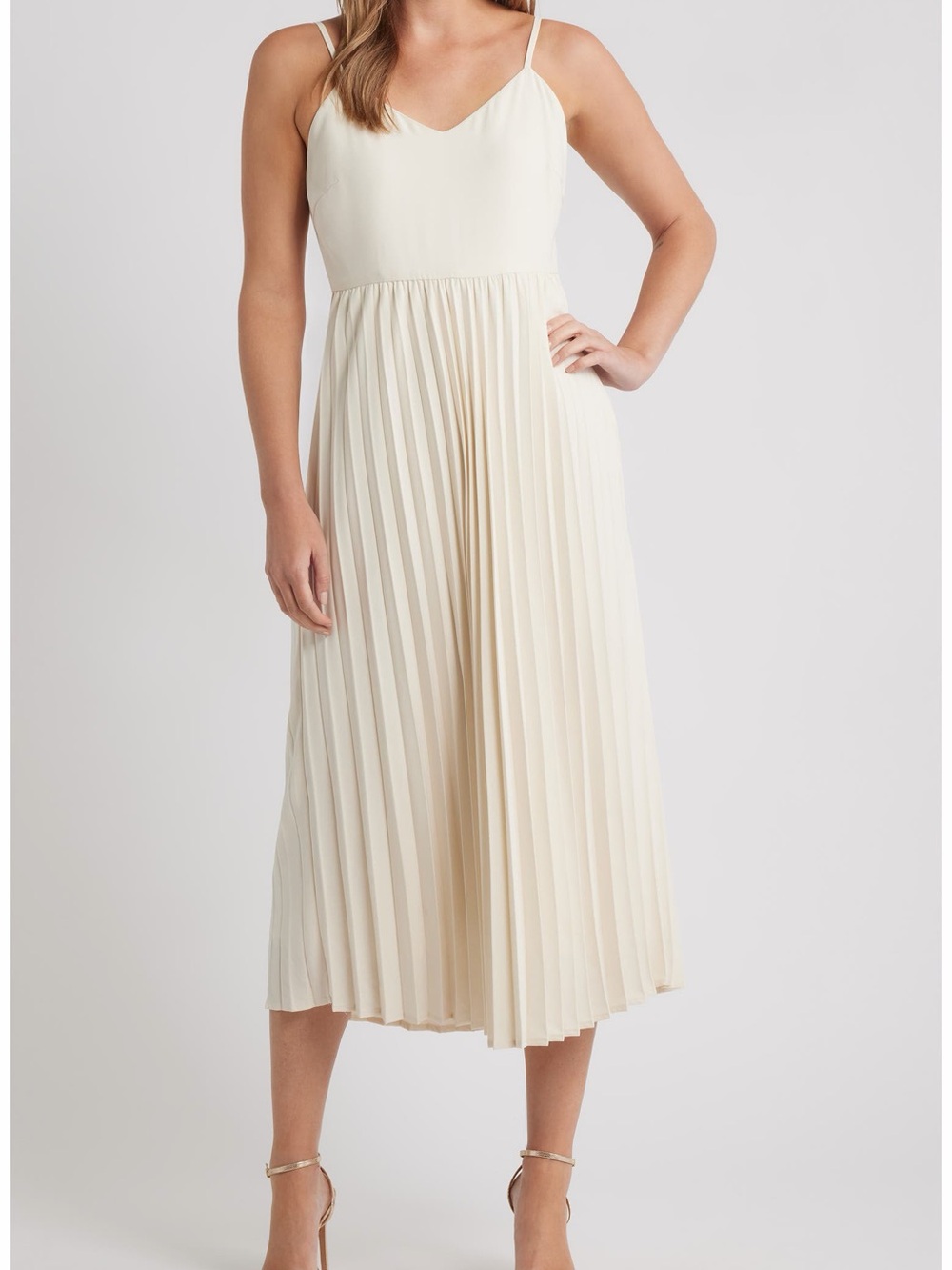 Zoe & Claire Sophisticated Cream Pleated Midi Slip Dress S/M c1-6